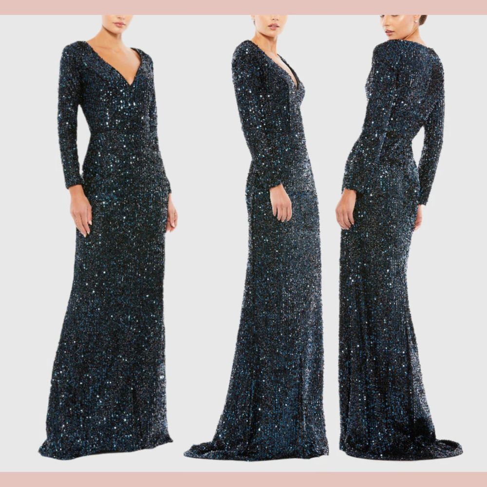 NWT IEENA Mac Duggal [ 14 ] 26445 Long Sleeve Sequined Gown‎ Midnight